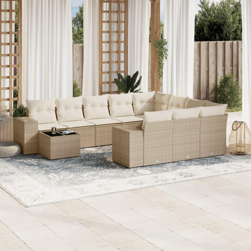 Sofasæt til haven i polyrattan - 11 dele med hynder, beige