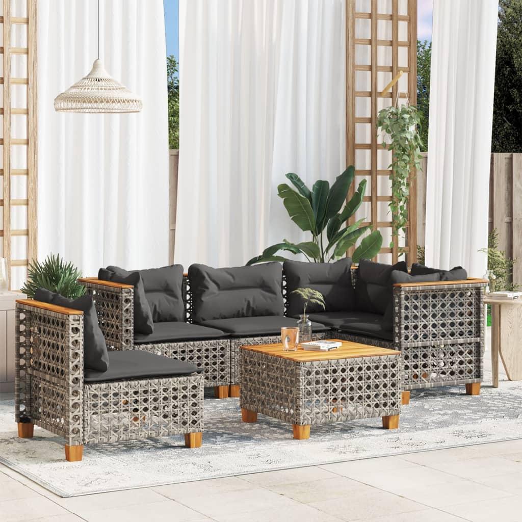 Sofasæt 5 Dele Med Hynder Polyrattan Grå - hulvævning / Med bord