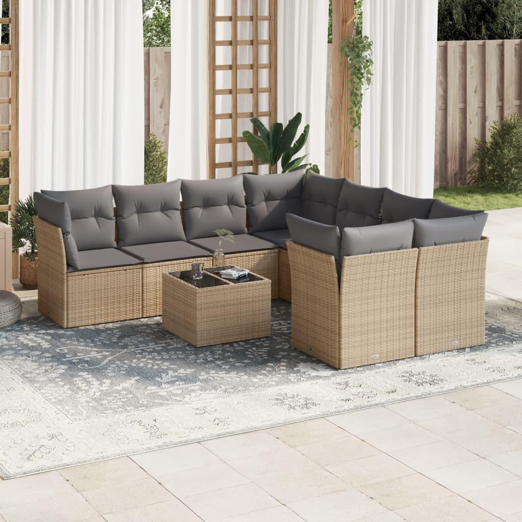 Sofasæt Til Haven 9 Dele Med Hynder Polyrattan - beige og grå / 2x midterdel 4x hjørnedel bord