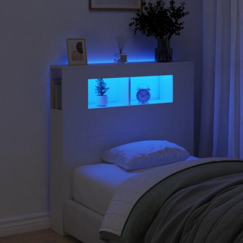 Sengegavl med LED-lys og hylder 100×18,5×103,5 cm - hvid, konstrueret træ