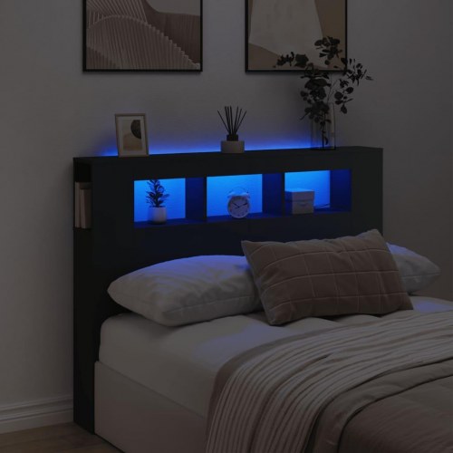 Sengegavl med LED-lys 140x18,5x103,5 cm konstrueret træ sort