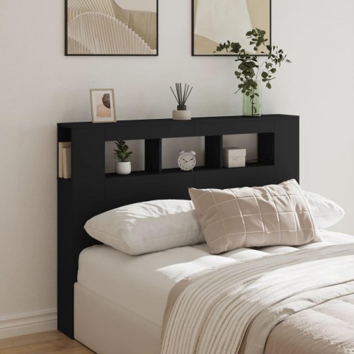 Sengegavl med LED-lys 140x18,5x103,5 cm konstrueret træ sort