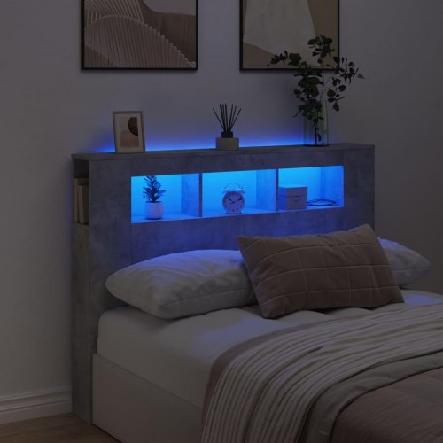 Sengegavl med LED-lys 140 x 18,5 x 103,5 cm - konstrueret træ, betongrå