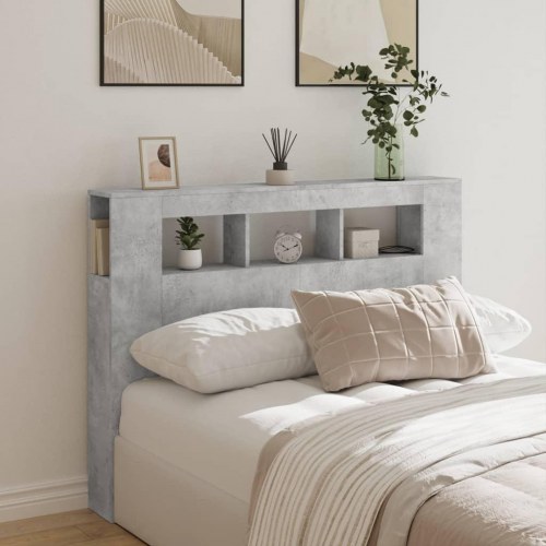 Sengegavl med LED-lys 140 x 18,5 x 103,5 cm - konstrueret træ, betongrå
