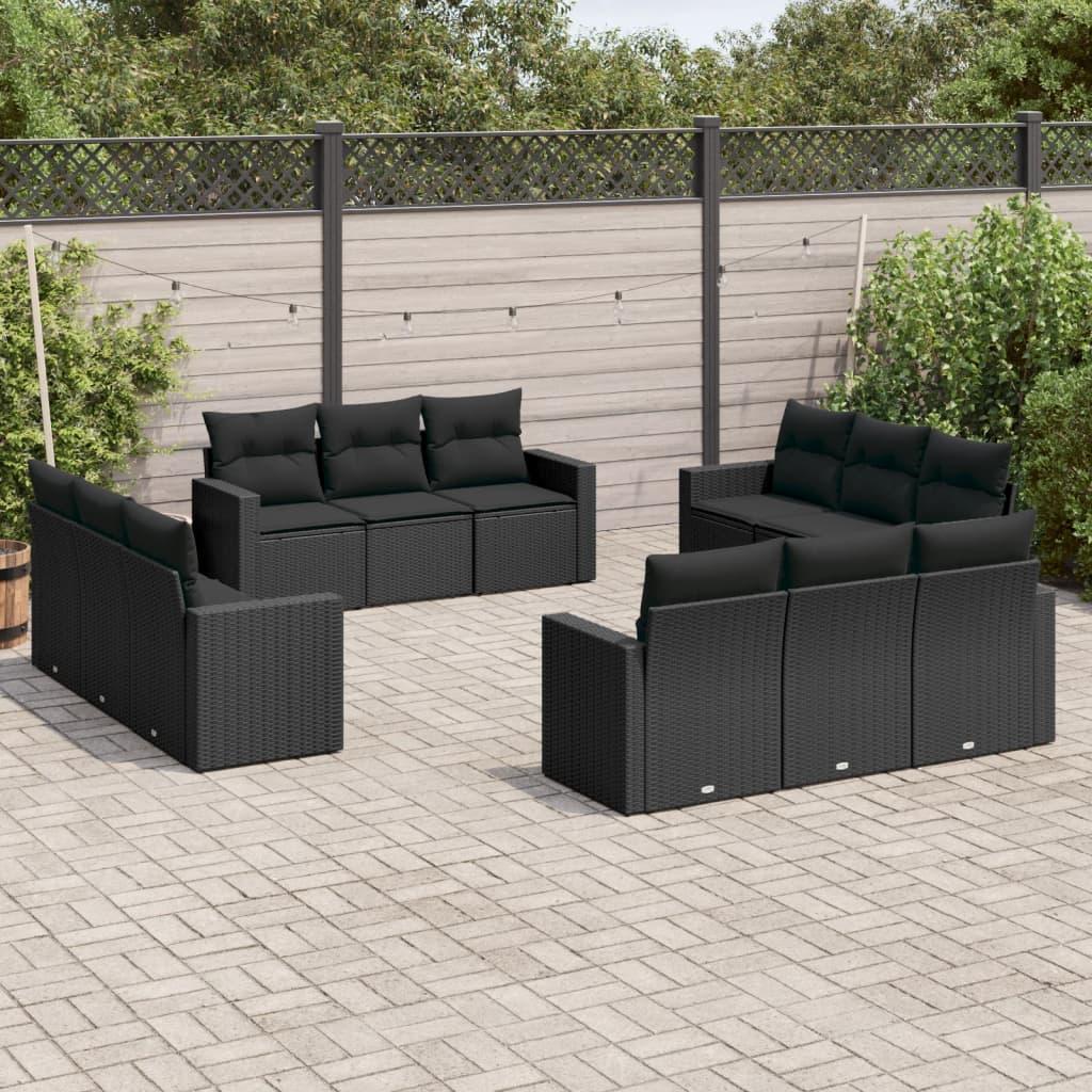 Sofasæt til haven - 12 dele med hynder og opbevaring i polyrattan, sort