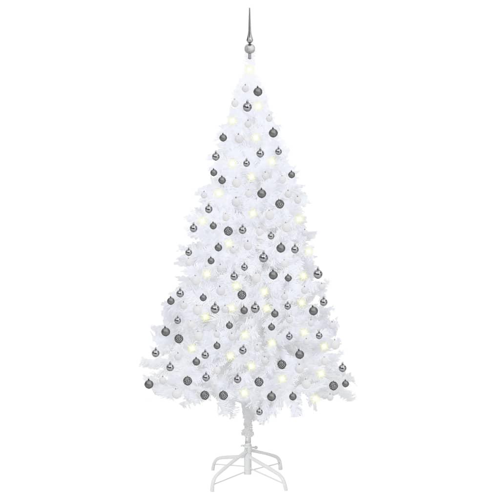 Kunstigt juletræ med LED-lys og kugler - 240 cm, hvid