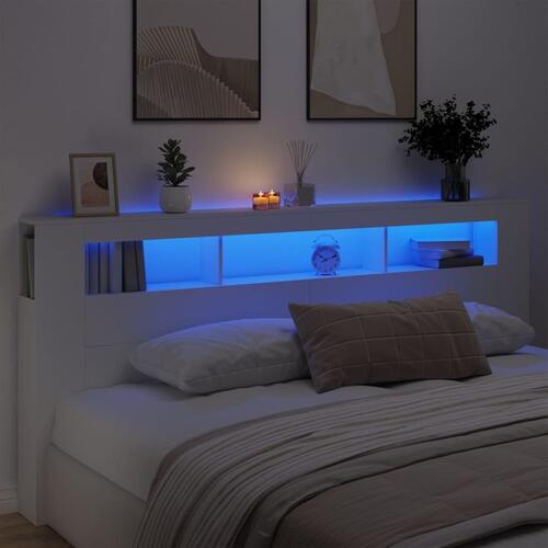 Sengegavl med LED-lys 220x18,5x103,5 cm konstrueret træ hvid