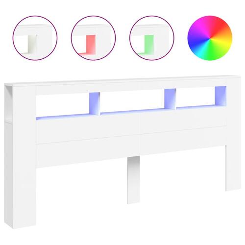 Sengegavl med LED-lys 220x18,5x103,5 cm konstrueret træ hvid