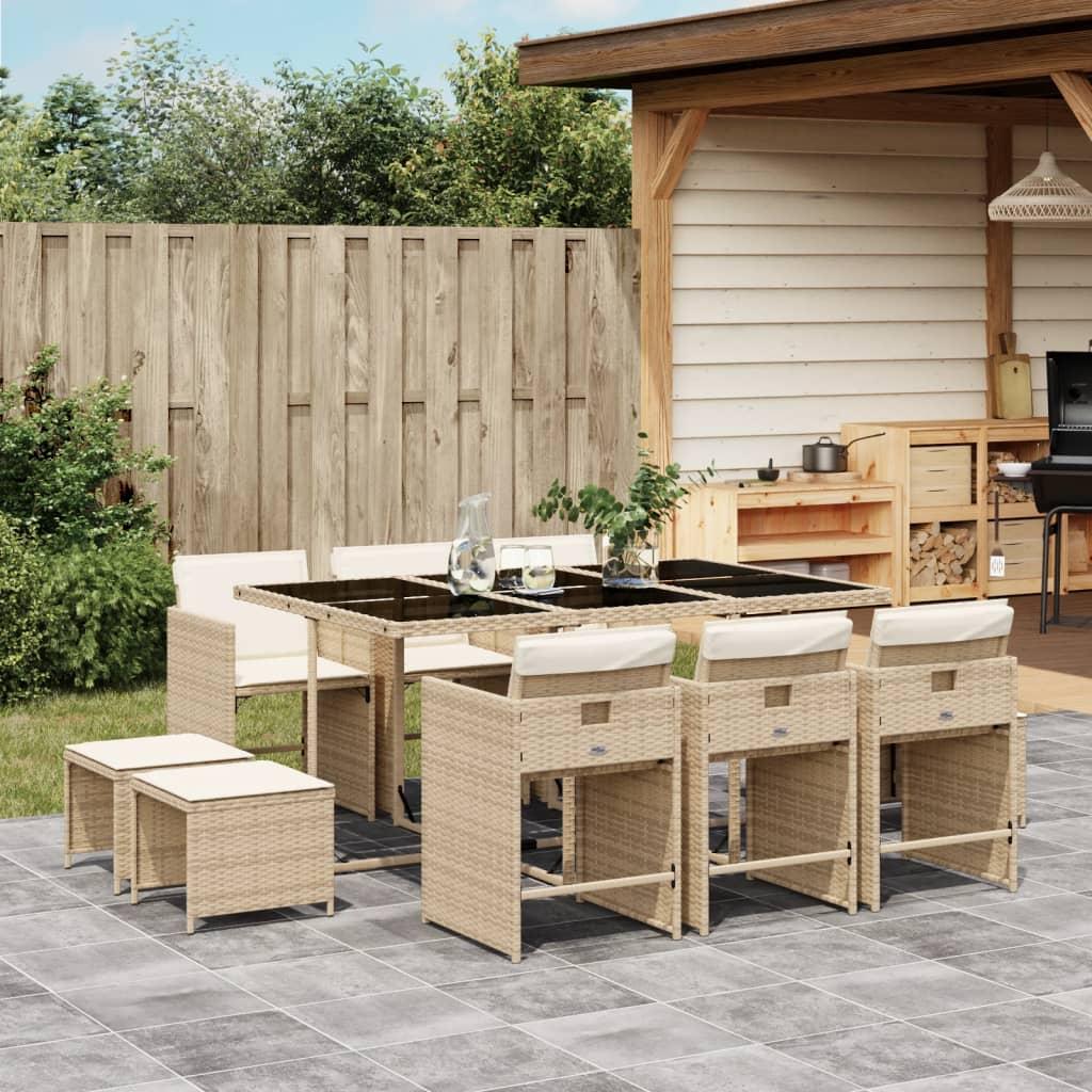 Spisebordssæt Til Haven 11 Dele Med Hynder Polyrattan Sort - 10 / Beige / Glas