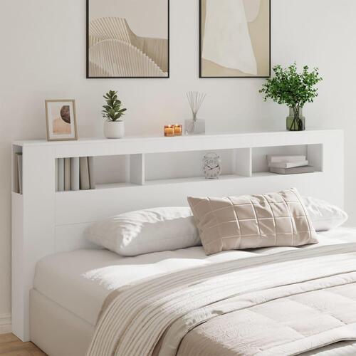 Sengegavl med LED-lys 220x18,5x103,5 cm konstrueret træ hvid