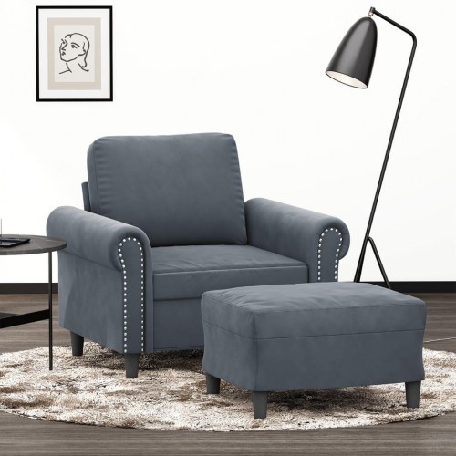 Sofastol med fodskammel i velour - 60 cm sædebredde, mørkegrå