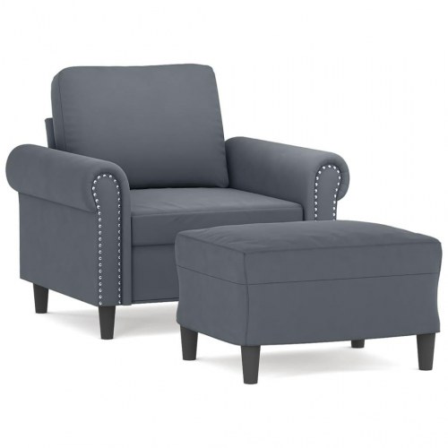Sofastol med fodskammel i velour - 60 cm sædebredde, mørkegrå