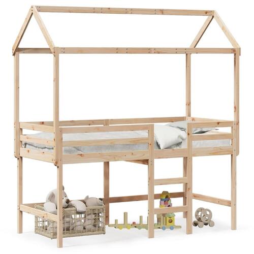 Højseng med stige og tag 90x200 cm massivt fyrretræ