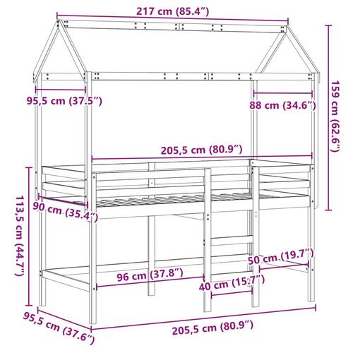 Højseng med stige og tag 90x200 cm massivt fyrretræ