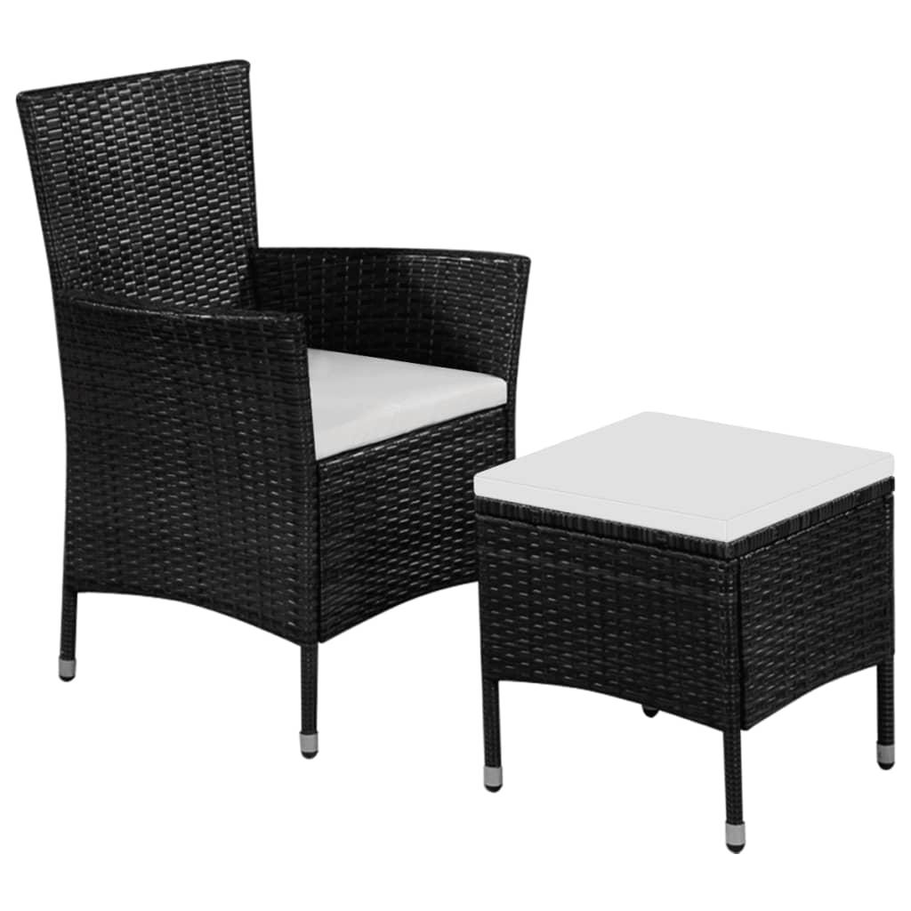 Havestol og skammel med hynde polyrattan sort