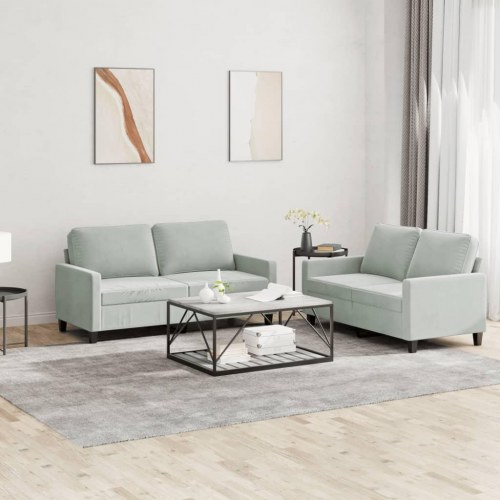 Sofasæt i velour - 2-dele med hynder, lysegrå