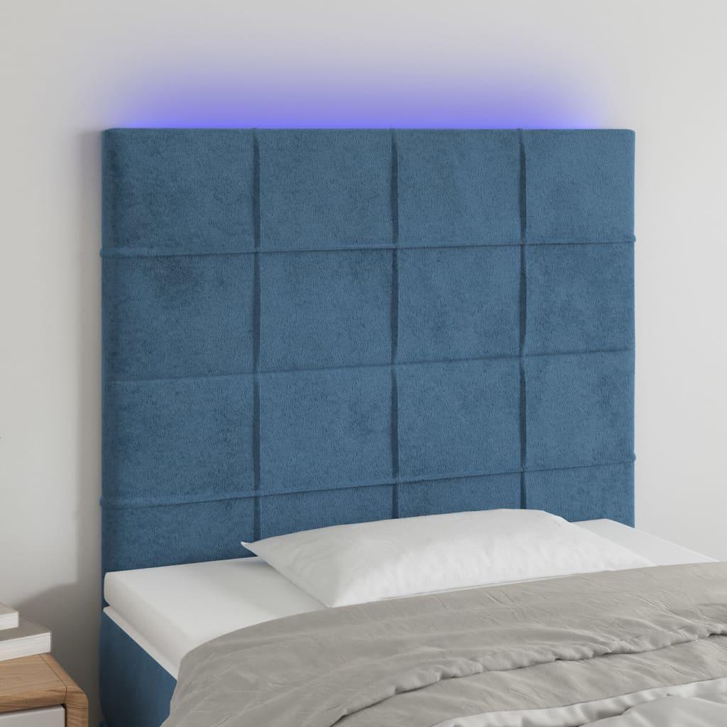 Sengegavl med LED-lys 90x5x118/128 cm fløjl mørkeblå billede
