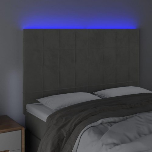 Sengegavl med LED-lys i fløjl - lysegrå, 144 x 5 x 118/128 cm