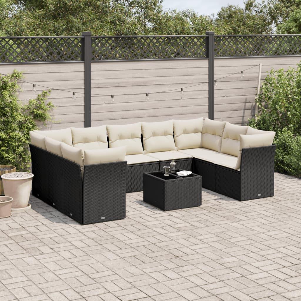 Sofasæt Til Haven 9 Dele Med Hynder Polyrattan - Sort og cremefarvet / Med bord