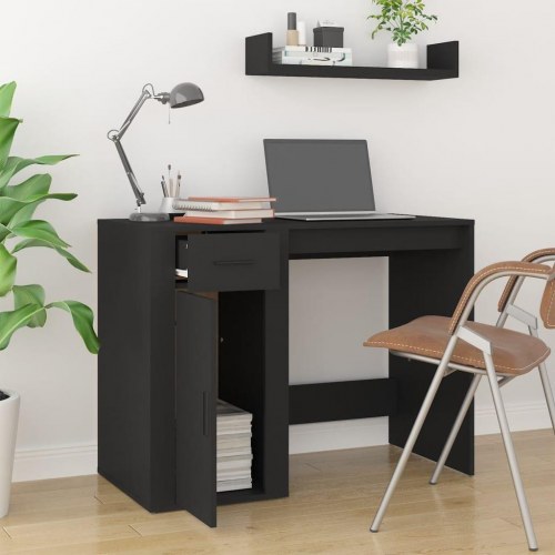 Skrivebord med skuffe og skab - 100×49×75 cm, sort konstrueret træ