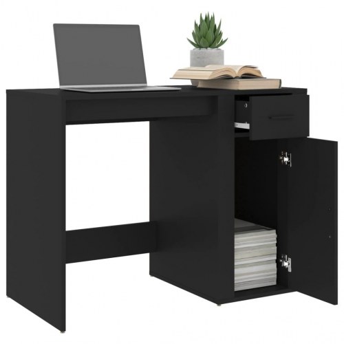 Skrivebord med skuffe og skab - 100×49×75 cm, sort konstrueret træ