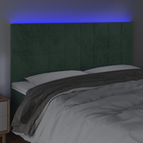 Sengegavl med LED-lys 160 x 5 x 118/128 cm fløjl - mørkegrøn