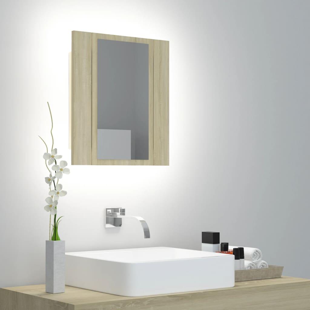 Billede af Badeværelsesskab m. spejl og LED-lys 40x12x45cm akryl sonoma-eg