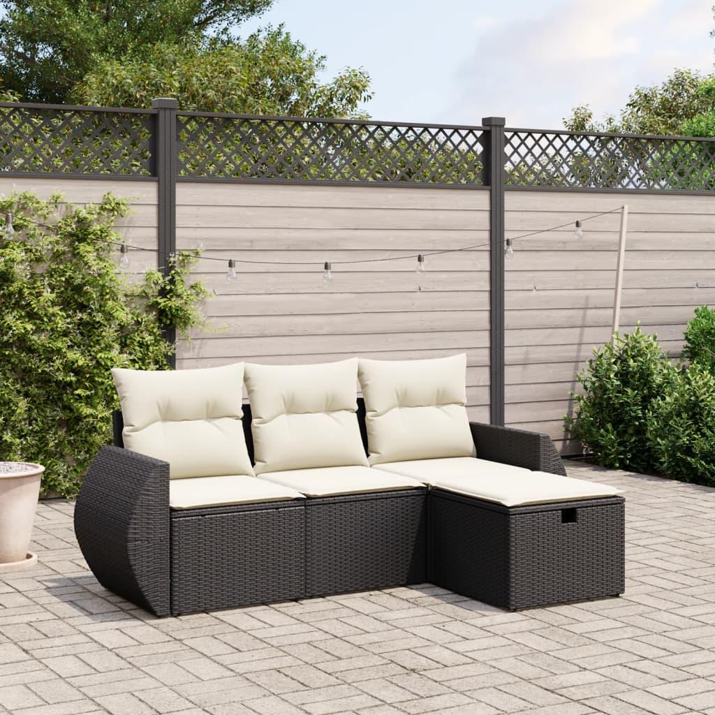 Sofasæt Til Haven 4 Dele Med Hynder Polyrattan Sort - Sort og cremefarvet / uden opbevaring