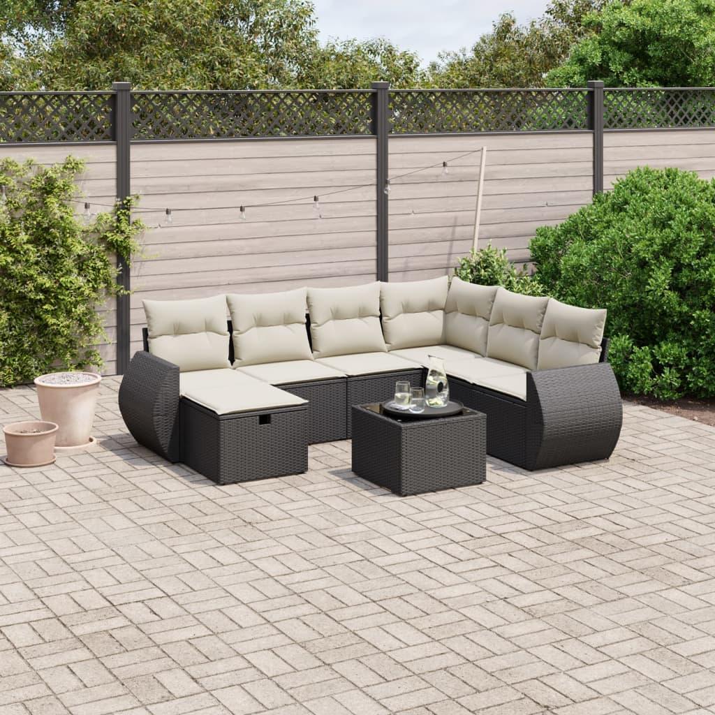 Havesofasæt i polyrattan - 8 dele med hynder, sort