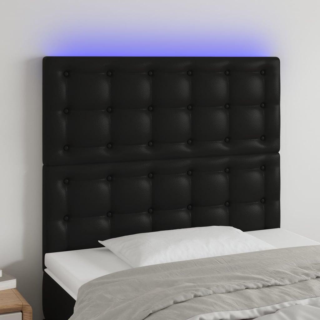 Sengegavl med LED-lys 80x5x118/128 cm kunstlæder sort billede