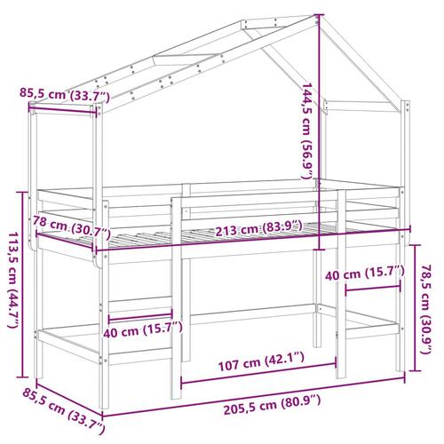 Højseng med stige og tag 80x200 cm massivt fyrretræ