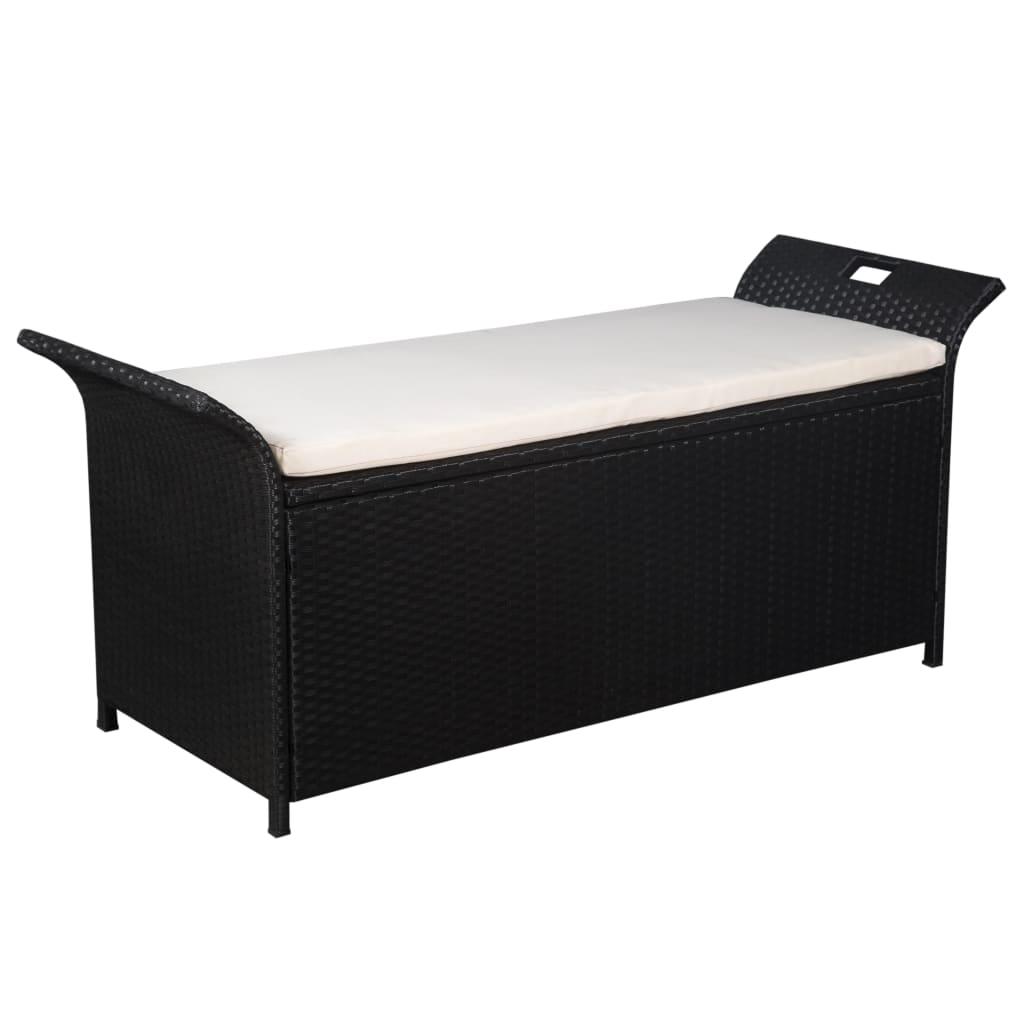Opbevaringsbænk med hynde 138 cm polyrattan sort