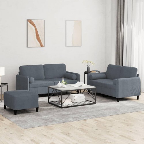 Sofasæt i velour med puder og fodskammel - 3 dele, mørkegrå