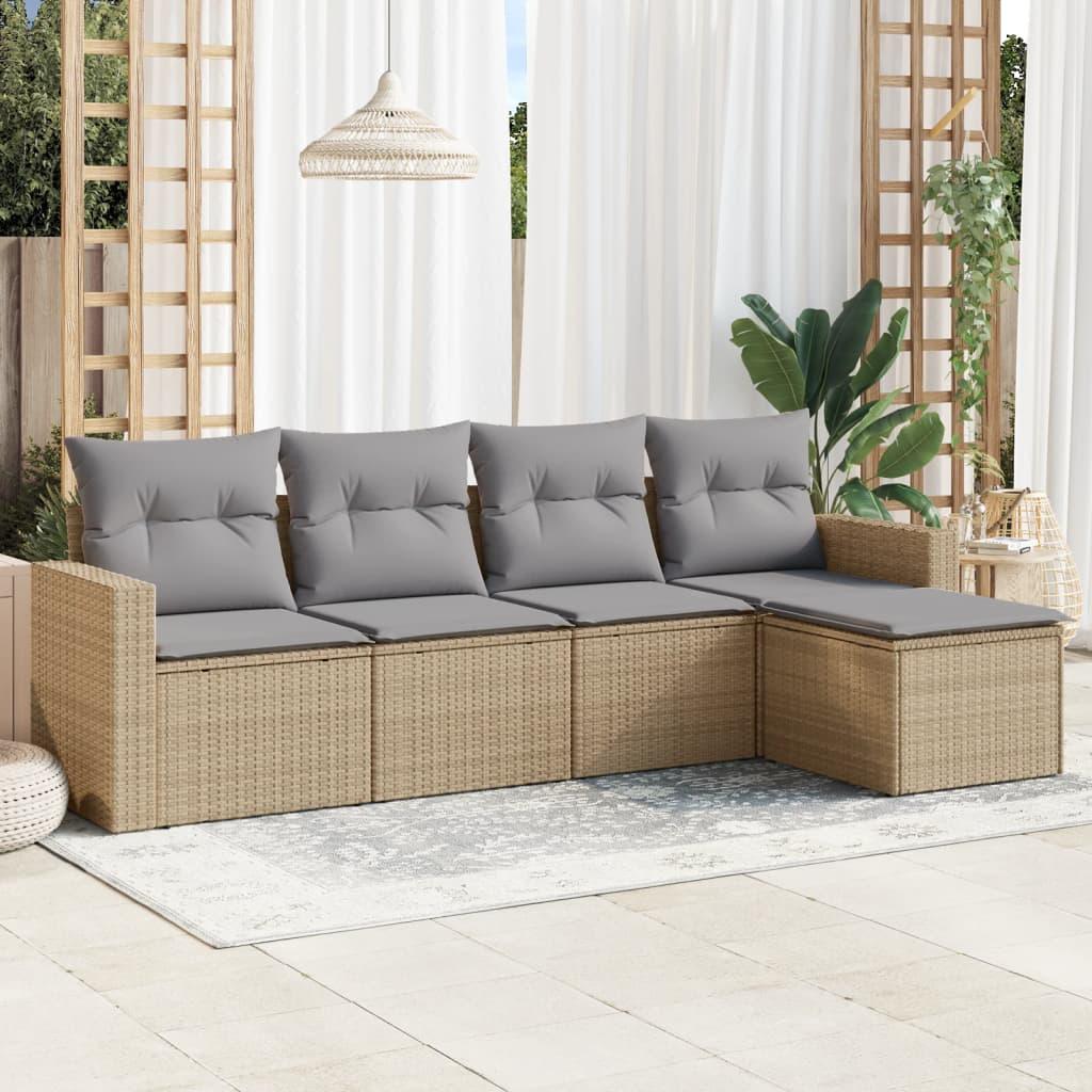 Sofasæt til haven i polyrattan - 5 dele med hynder, beige/lysegrå