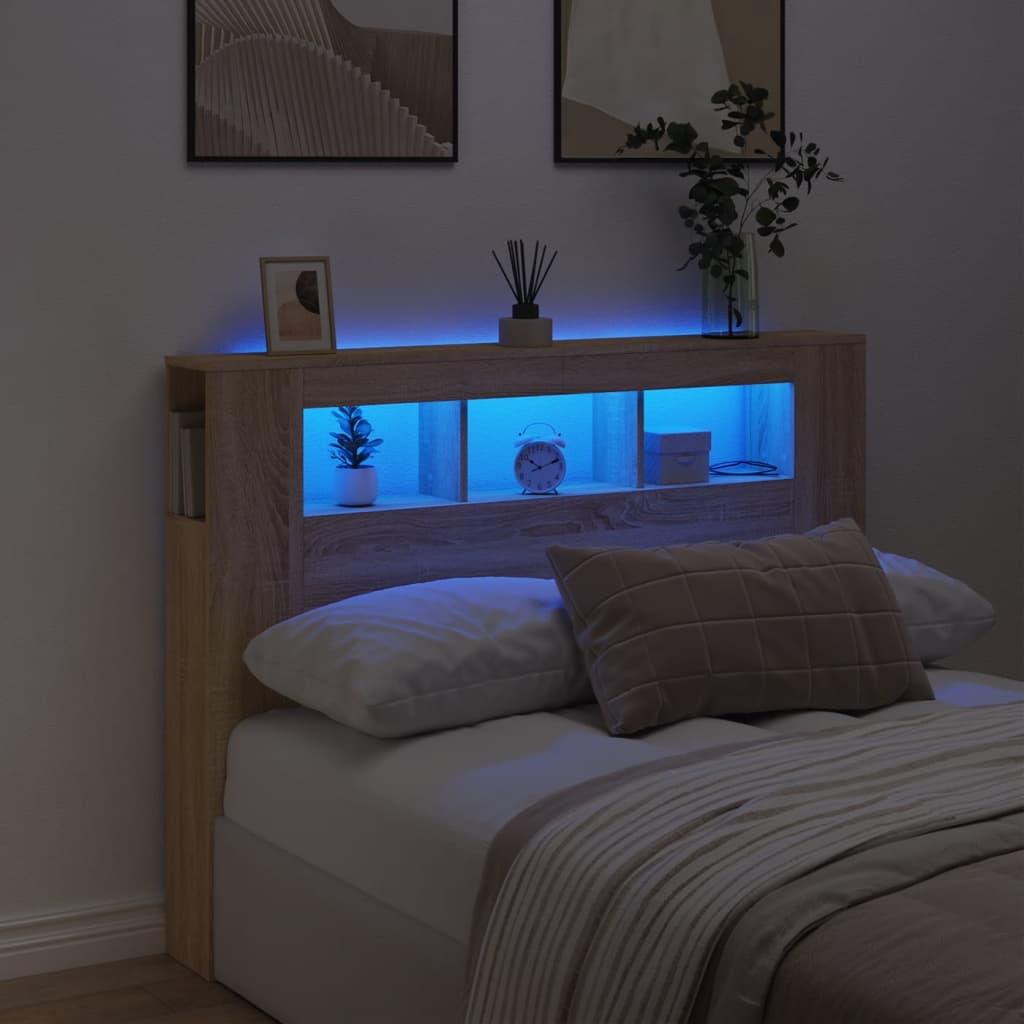Sengegavl 140x18,5x103,5 cm LED-lys konstrueret træ sonoma-eg