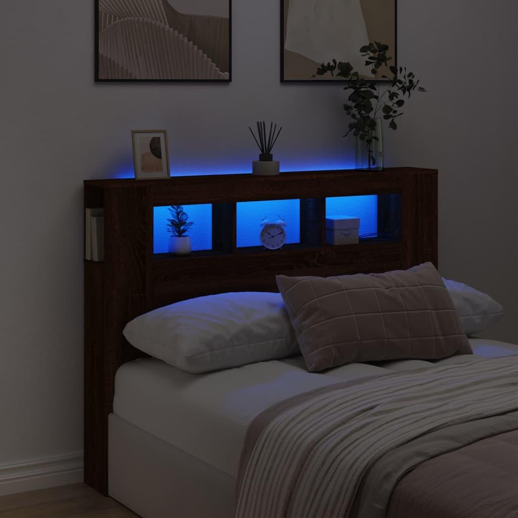Sengegavl m. LED-lys 140x18,5x103,5 cm konstrueret træ brunt eg