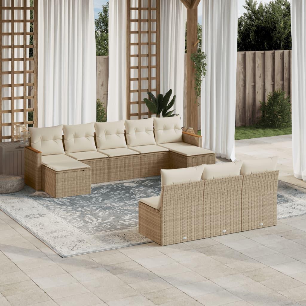 Sofasæt til haven 10 dele med hynder i polyrattan beige