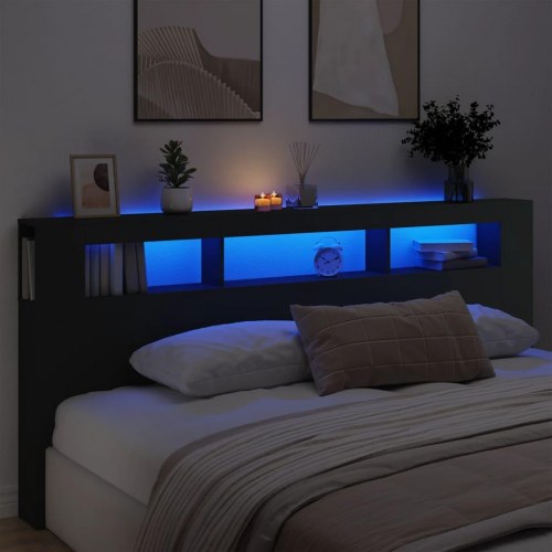 Sengegavl med LED-lys 220 × 18,5 × 103,5 cm - sort konstrueret træ
