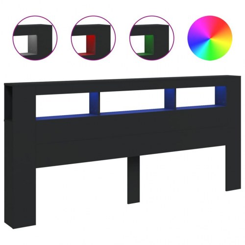 Sengegavl med LED-lys 220 × 18,5 × 103,5 cm - sort konstrueret træ