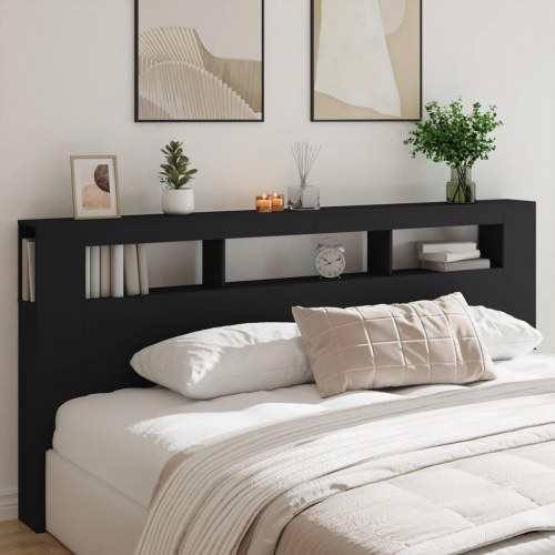 Sengegavl med LED-lys 220 × 18,5 × 103,5 cm - sort konstrueret træ