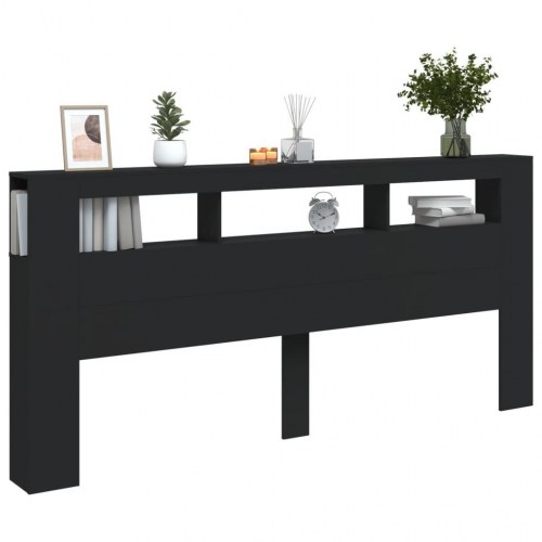 Sengegavl med LED-lys 220 × 18,5 × 103,5 cm - sort konstrueret træ