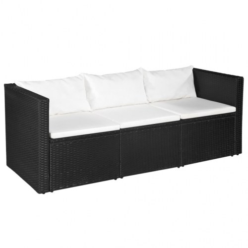 3-personers havesofa sort polyrattan med hvide hynder