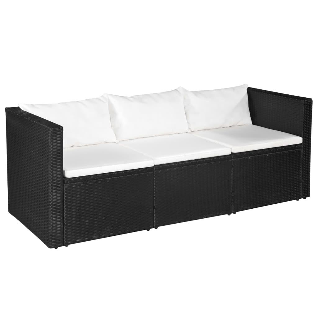 3-personers havesofa sort polyrattan med hvide hynder