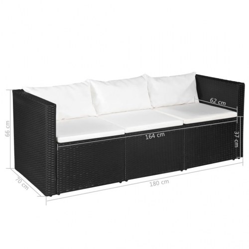 3-personers havesofa sort polyrattan med hvide hynder