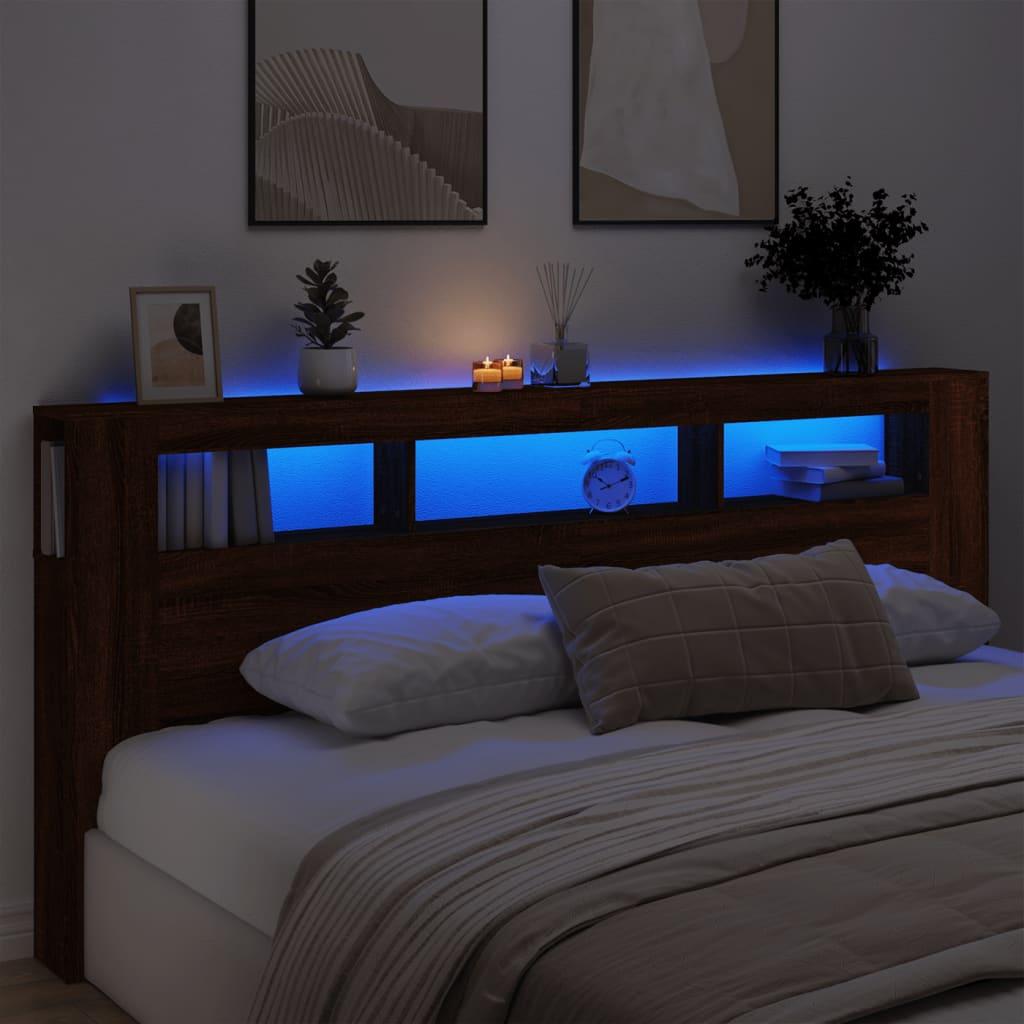 Sengegavl m. LED-lys 220x18,5x103,5 cm konstrueret træ brunt eg
