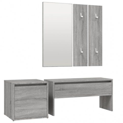 Entrémøbelsæt i konstrueret træ - grå sonoma-eg med bænk, spejl og knagerækker