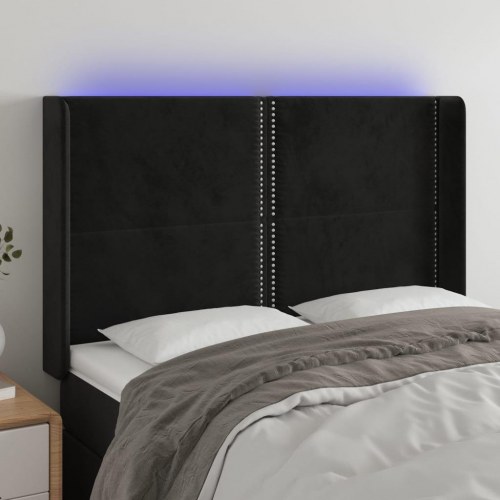 Sengegavl med LED-lys i fløjl - sort, 147 x 16 x 118/128 cm