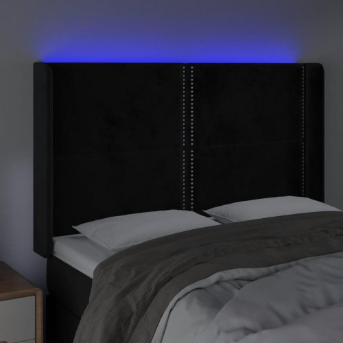 Sengegavl med LED-lys i fløjl - sort, 147 x 16 x 118/128 cm
