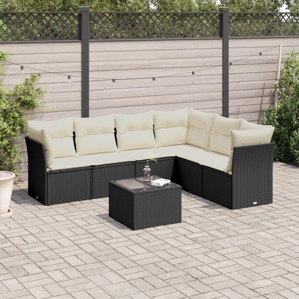 Sofasæt Til Haven 7 Dele Med Hynder Polyrattan - Sort og cremefarvet / Med bord