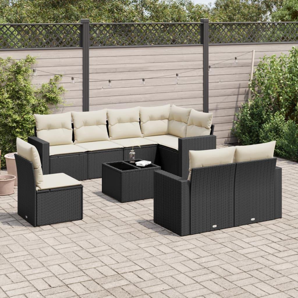 Sofasæt Til Haven 9 Dele Med Hynder Polyrattan - Sort og cremefarvet / Med bord